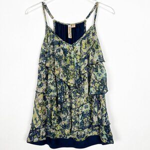 Eyeshadow Ruffled Tiered Floral Print Camisole Tank Top. Blue/Green. Size M